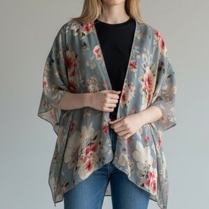 Emory Park Sheer Floral Kimono •‎ Blue Resortwear Beach Cover Up • One Size